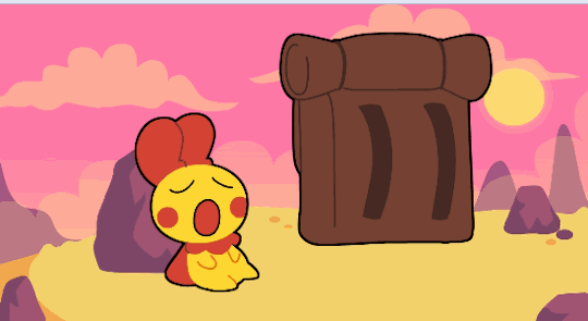A gif of Moth from Creepy Castle resting against a rock ontop of a cliff. His bag falls off, he turns his attention to it, and screams, tugging on his antennae.